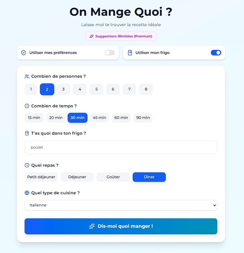 Interface de sélection des préférences alimentaires